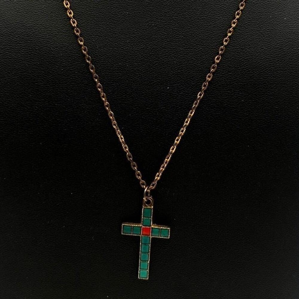 Vintage Gold Chain Necklace Turquoise Enamel Cross Pendant Southwestern Style